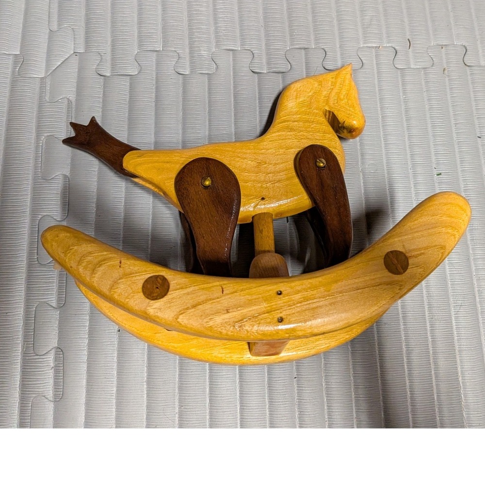 Vintage Two-Tone Wooden Rocking Horse Folk Art Figurine